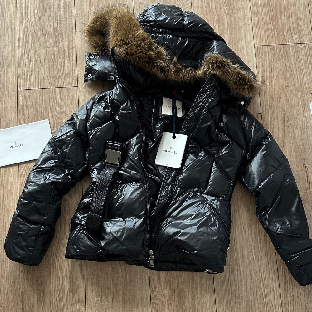Moncler Shiny Black Jacket with Fur Trim